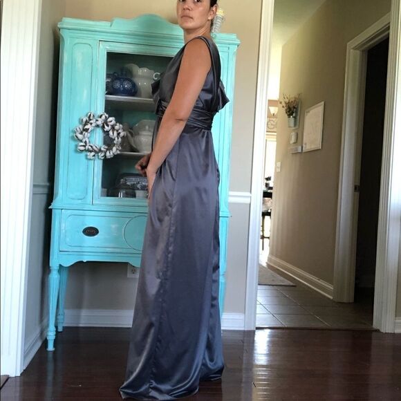 Amsale Satin Gray Gunmetal Ruffle Bridesmaids Dress Size 12 Sleeveless Wedding - Picture 3 of 10
